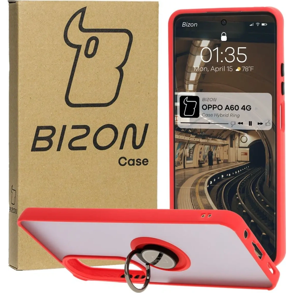 Etui z uchwytem na palec Bizon Case Hybrid Ring do Oppo A60 4G przydymione z czerwoną ramką