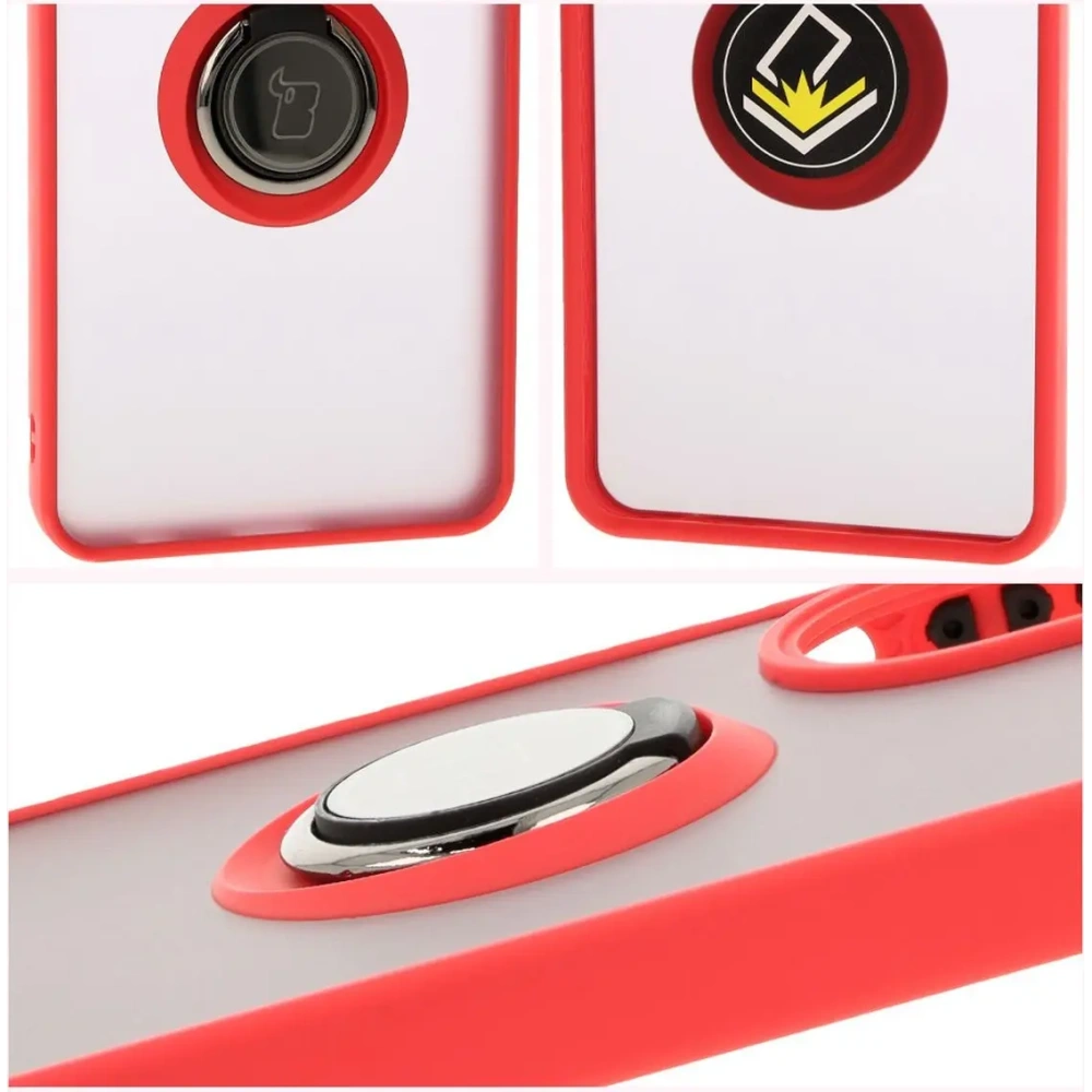 Etui z uchwytem na palec Bizon Case Hybrid Ring do Oppo A60 4G przydymione z czerwoną ramką
