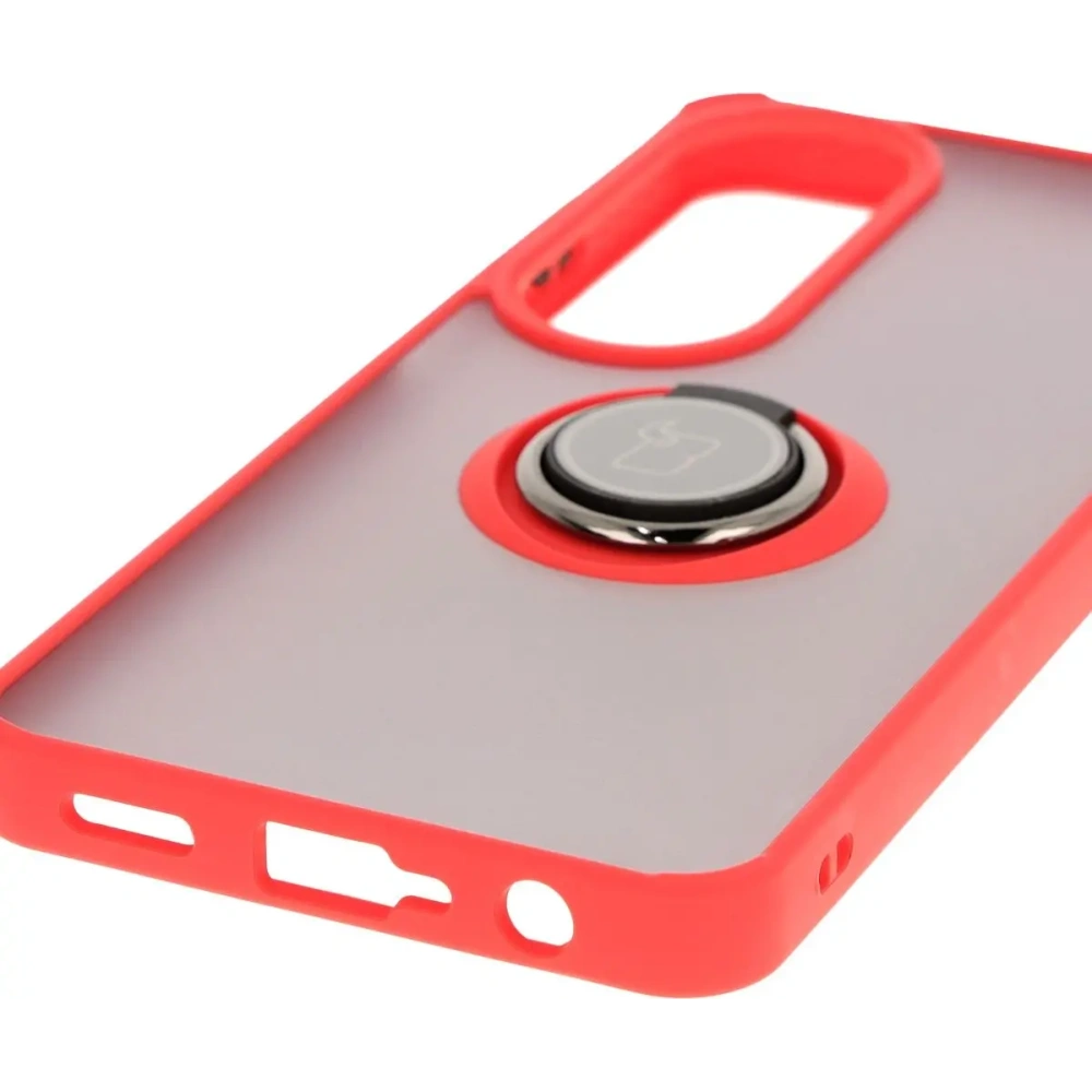 Etui z uchwytem na palec Bizon Case Hybrid Ring do Oppo A60 4G przydymione z czerwoną ramką