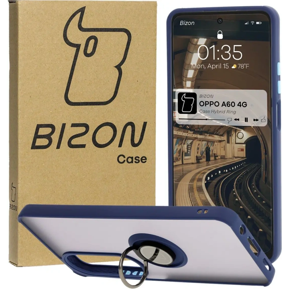 Etui z uchwytem na palec Bizon Case Hybrid Ring do Oppo A60 4G przydymione z granatową ramką