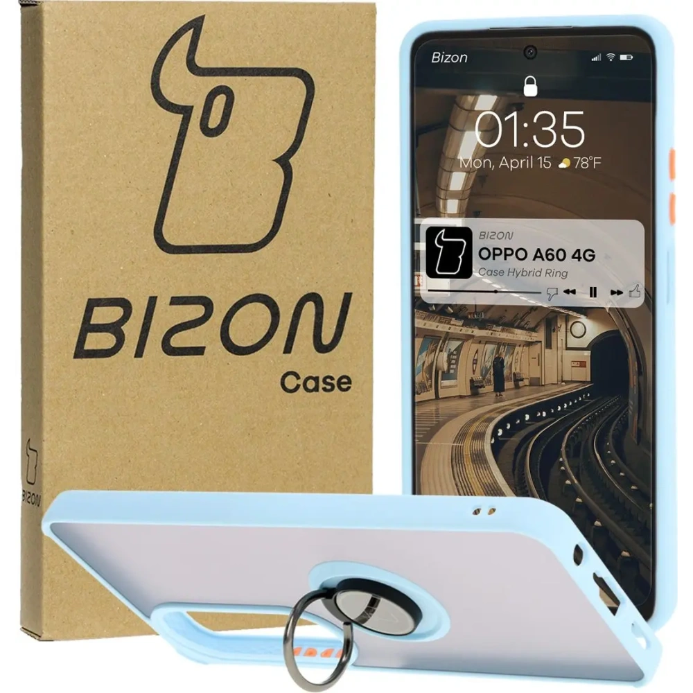 Etui z uchwytem na palec Bizon Case Hybrid Ring do Oppo A60 4G przydymione z jasnoniebieską ramką