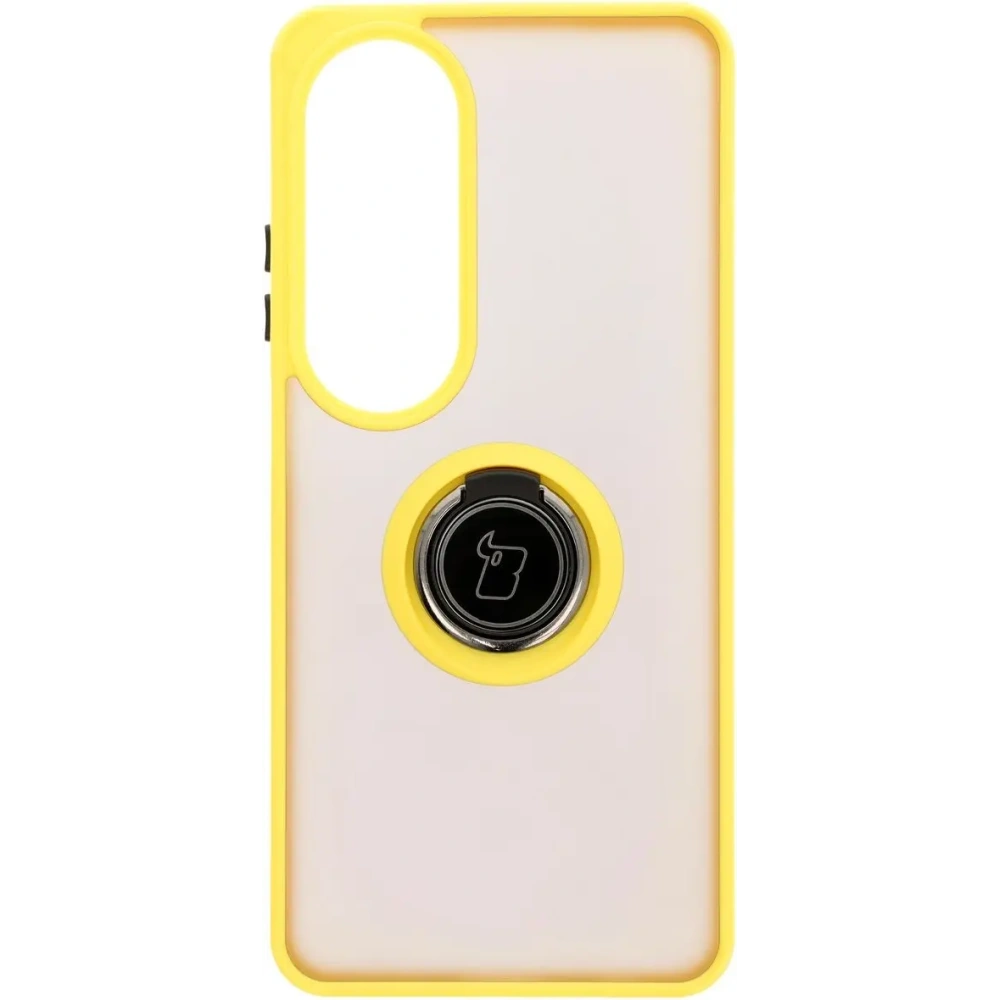Etui z uchwytem na palec Bizon Case Hybrid Ring do Oppo A60 4G przydymione z żółtą ramką