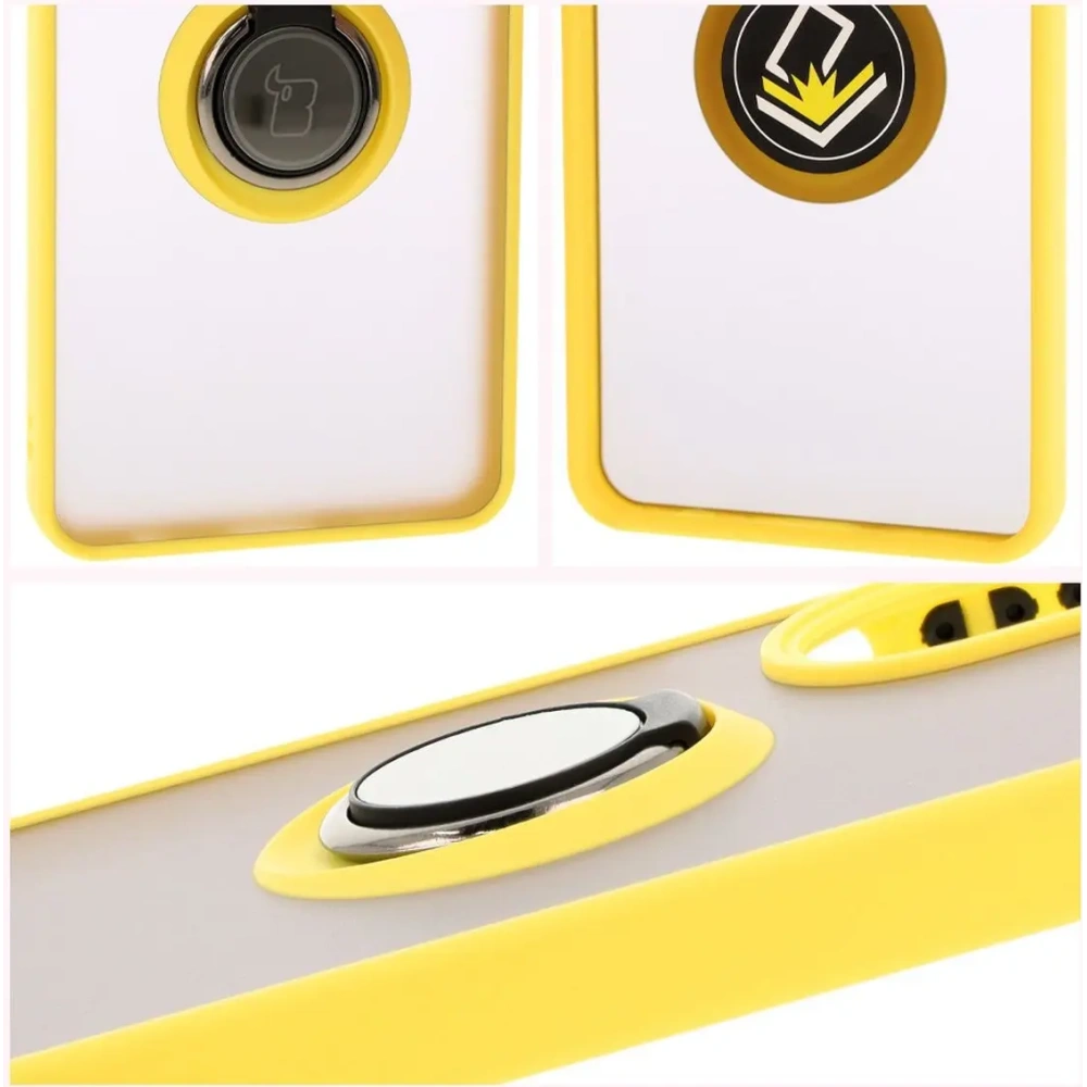 Etui z uchwytem na palec Bizon Case Hybrid Ring do Oppo A60 4G przydymione z żółtą ramką