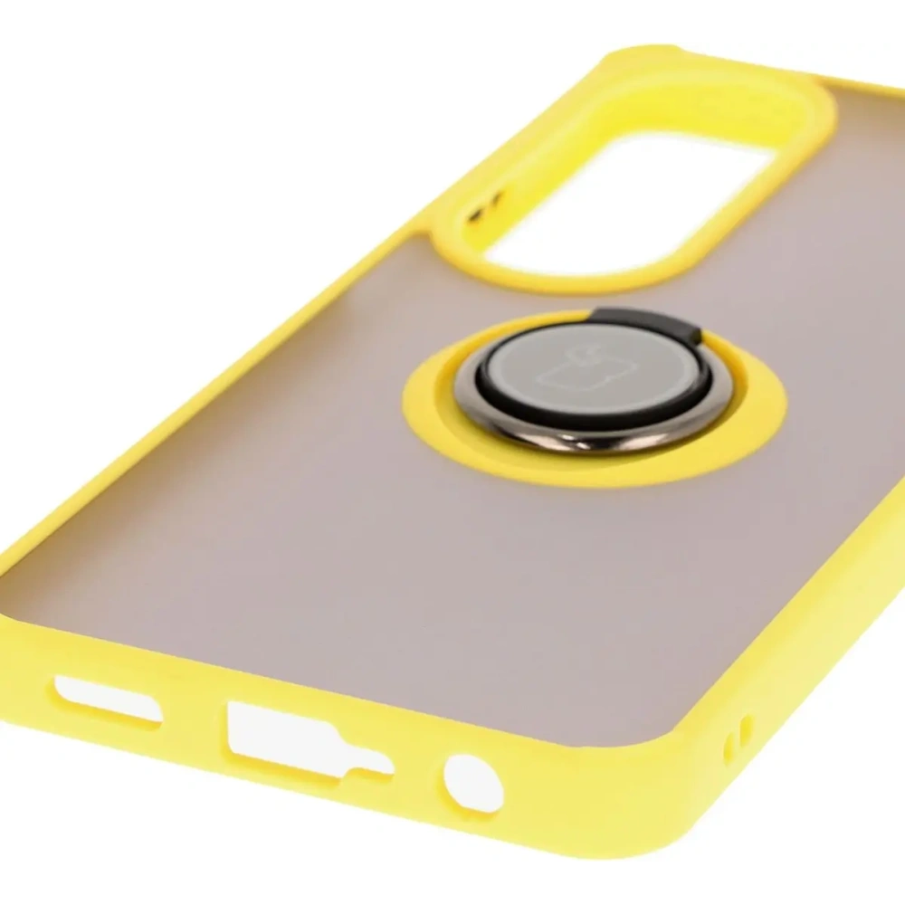 Etui z uchwytem na palec Bizon Case Hybrid Ring do Oppo A60 4G przydymione z żółtą ramką