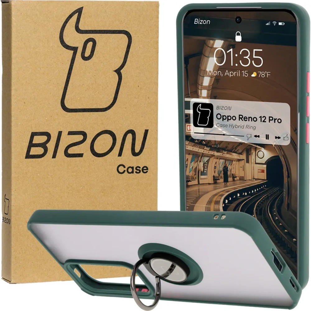 Etui z uchwytem na palec Bizon Case Hybrid Ring do Oppo Reno 12 Pro przydymione z ciemnozieloną ramką