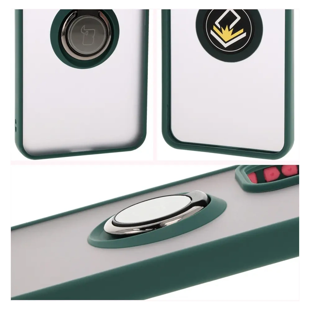 Etui z uchwytem na palec Bizon Case Hybrid Ring do Oppo Reno 12 Pro przydymione z ciemnozieloną ramką