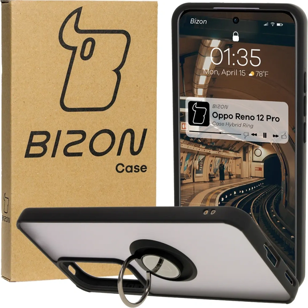 Etui z uchwytem na palec Bizon Case Hybrid Ring do Oppo Reno 12 Pro przydymione z czarną ramką