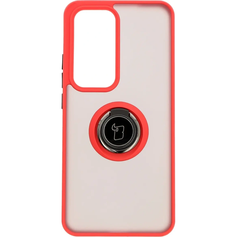 Etui z uchwytem na palec Bizon Case Hybrid Ring do Oppo Reno 12 Pro przydymione z czerwoną ramką
