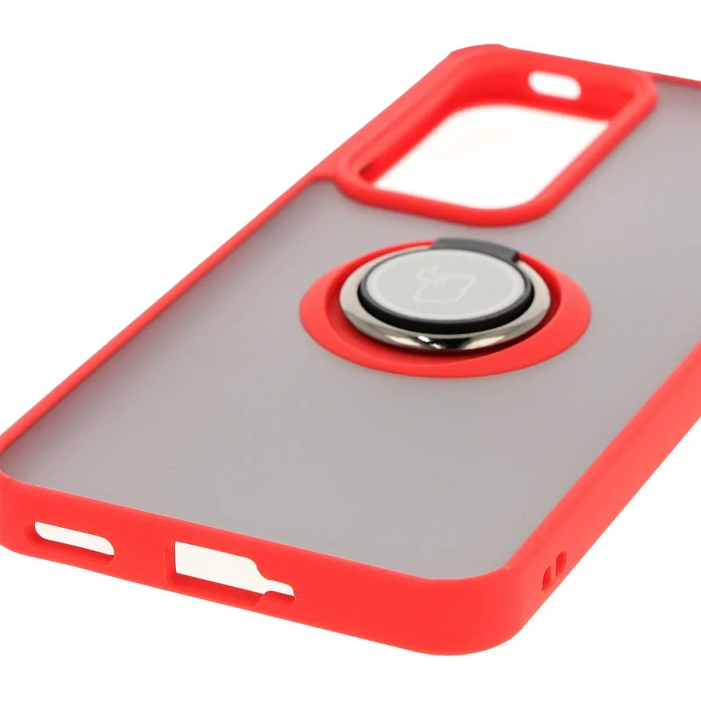 Etui z uchwytem na palec Bizon Case Hybrid Ring do Oppo Reno 12 Pro przydymione z czerwoną ramką