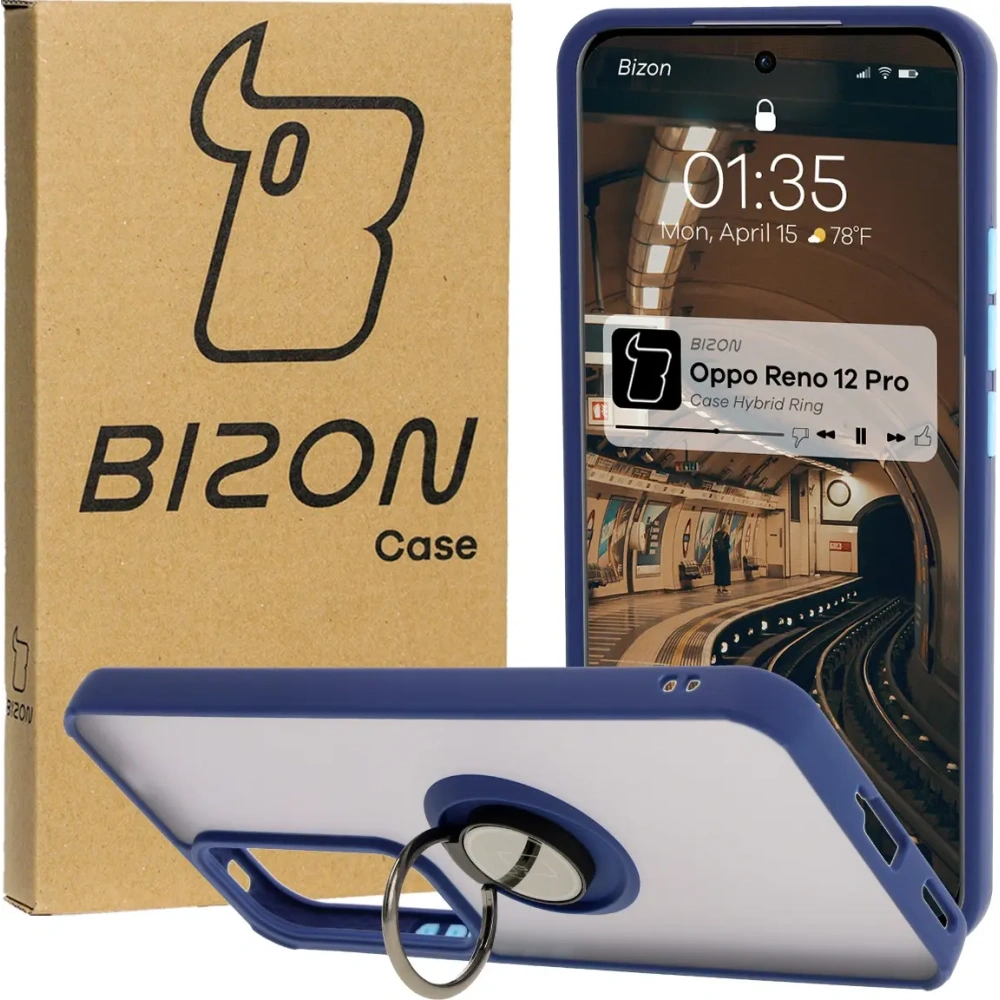 Etui z uchwytem na palec Bizon Case Hybrid Ring do Oppo Reno 12 Pro przydymione z granatową ramką