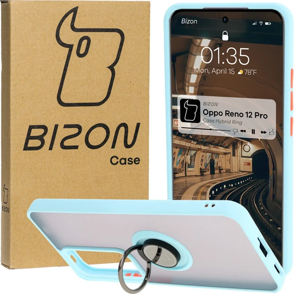 Etui z uchwytem na palec Bizon Case Hybrid Ring do Oppo Reno 12 Pro przydymione z jasnoniebieską ramką