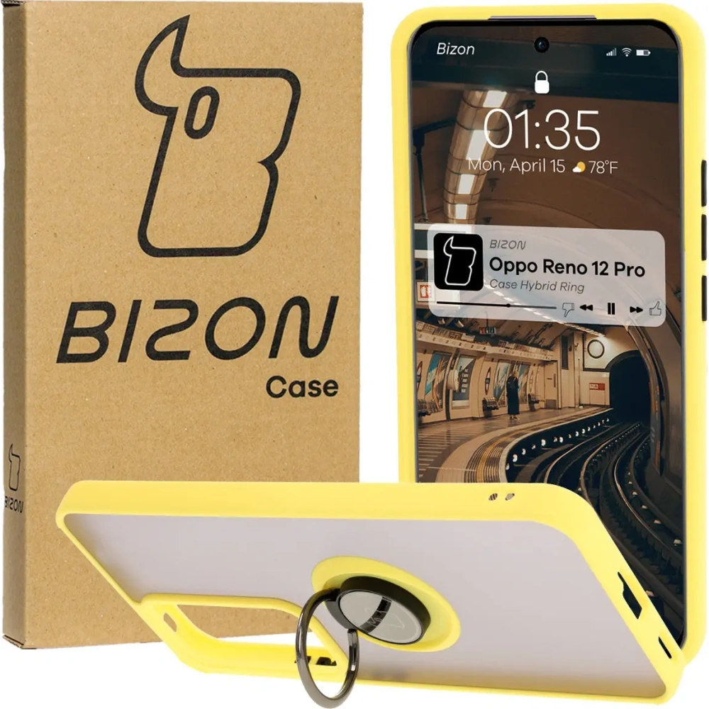 Etui z uchwytem na palec Bizon Case Hybrid Ring do Oppo Reno 12 Pro przydymione z żółtą ramką