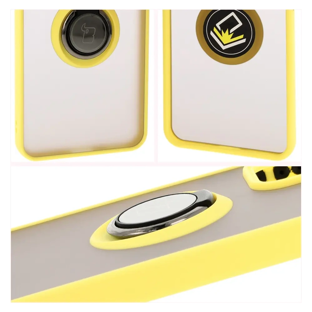 Etui z uchwytem na palec Bizon Case Hybrid Ring do Oppo Reno 12 Pro przydymione z żółtą ramką