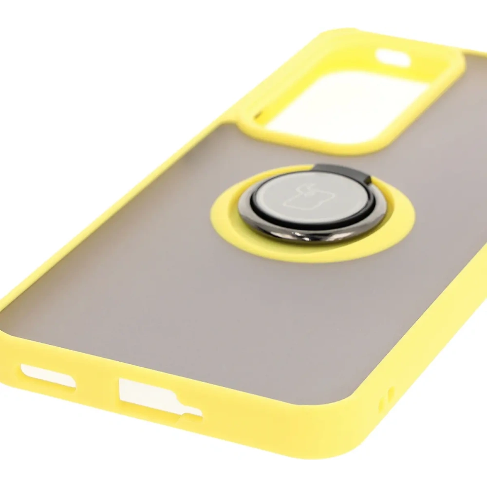 Etui z uchwytem na palec Bizon Case Hybrid Ring do Oppo Reno 12 Pro przydymione z żółtą ramką