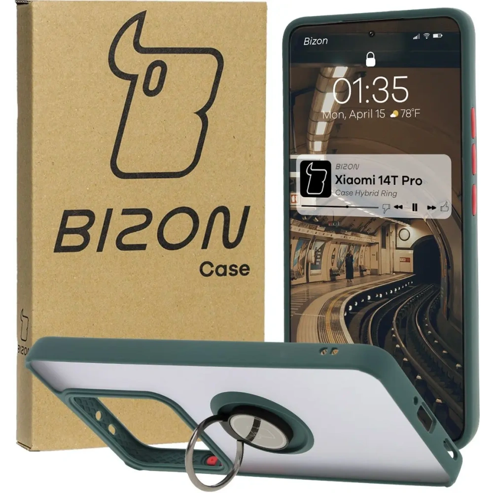 Etui z uchwytem na palec Bizon Case Hybrid Ring do Xiaomi 14T Pro przydymione z ciemnozieloną ramką