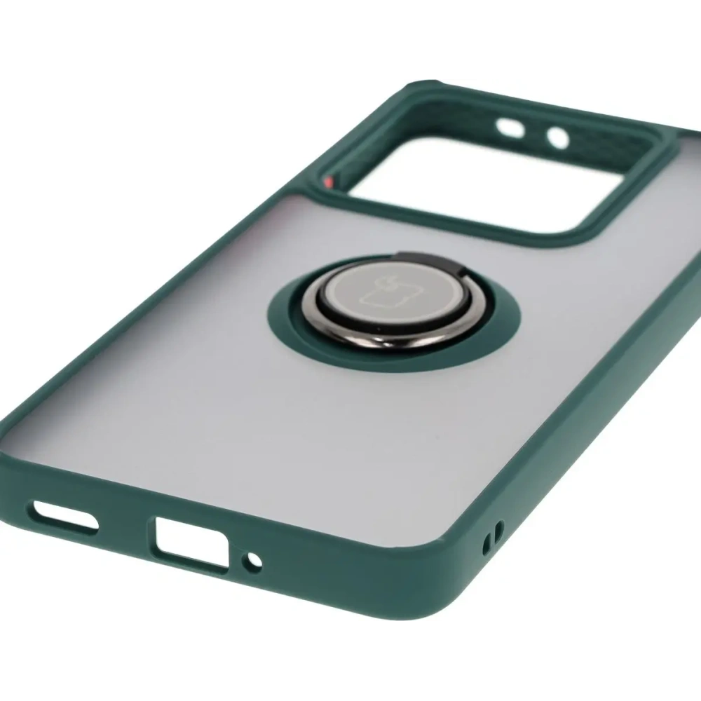 Etui z uchwytem na palec Bizon Case Hybrid Ring do Xiaomi 14T Pro przydymione z ciemnozieloną ramką