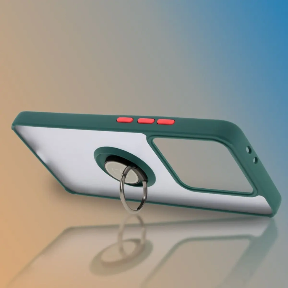 Etui z uchwytem na palec Bizon Case Hybrid Ring do Xiaomi 14T Pro przydymione z ciemnozieloną ramką