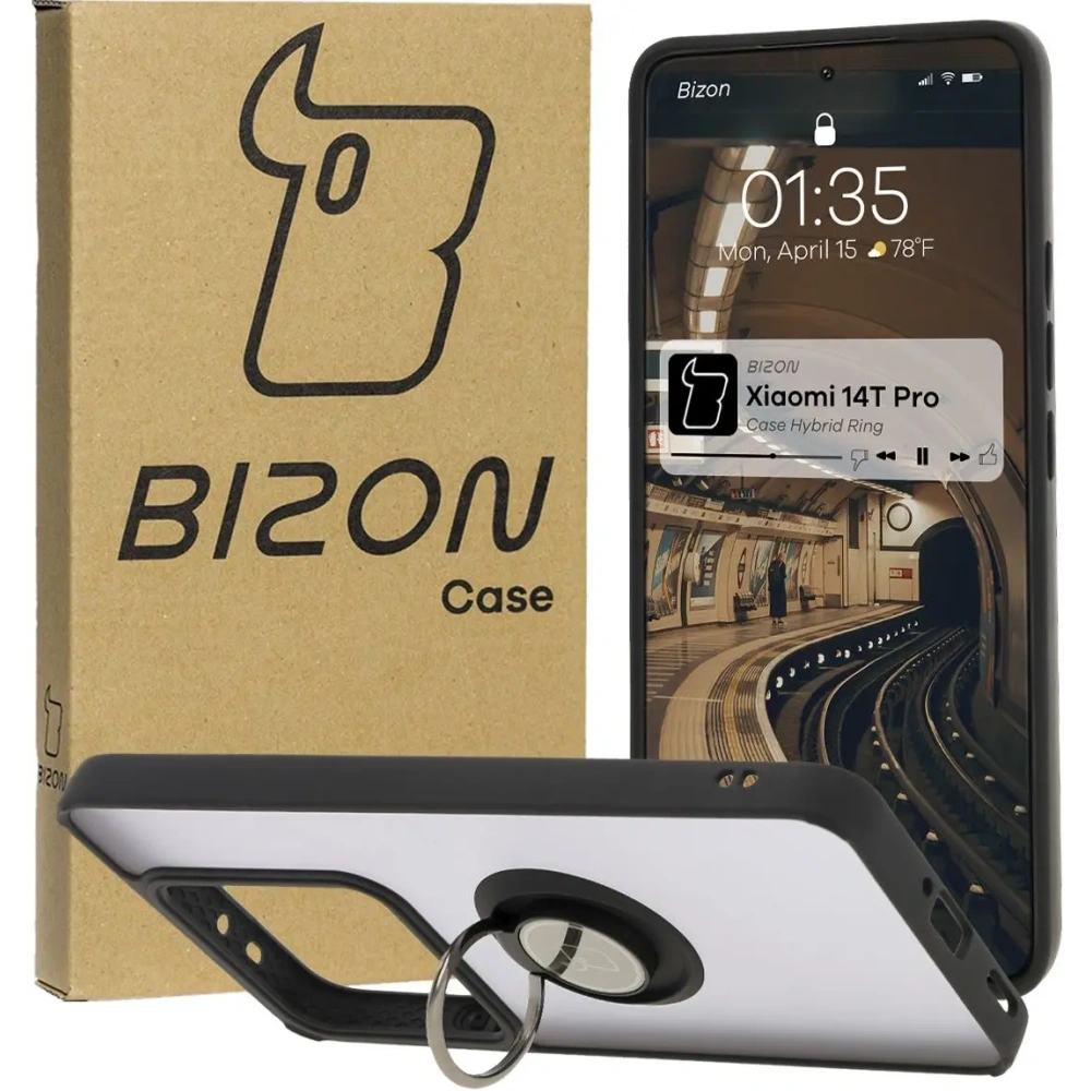 Etui z uchwytem na palec Bizon Case Hybrid Ring do Xiaomi 14T Pro przydymione z czarną ramką