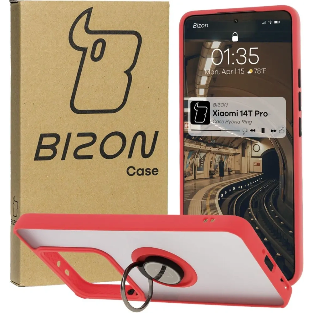 Etui z uchwytem na palec Bizon Case Hybrid Ring do Xiaomi 14T Pro przydymione z czerwoną ramką
