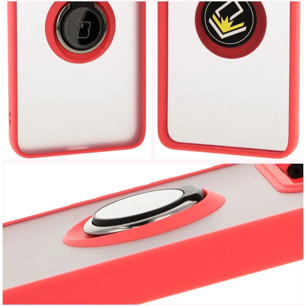 Etui z uchwytem na palec Bizon Case Hybrid Ring do Xiaomi 14T Pro przydymione z czerwoną ramką