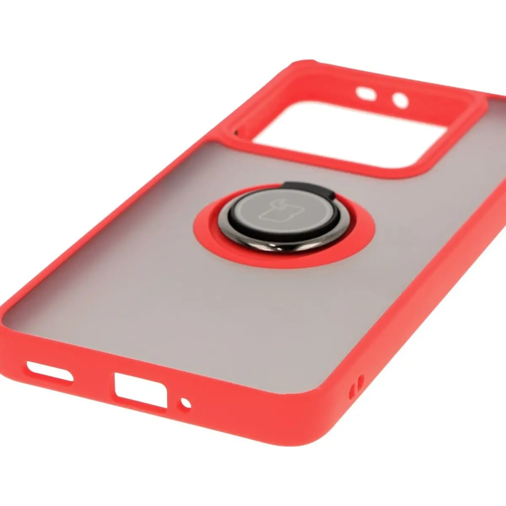 Etui z uchwytem na palec Bizon Case Hybrid Ring do Xiaomi 14T Pro przydymione z czerwoną ramką