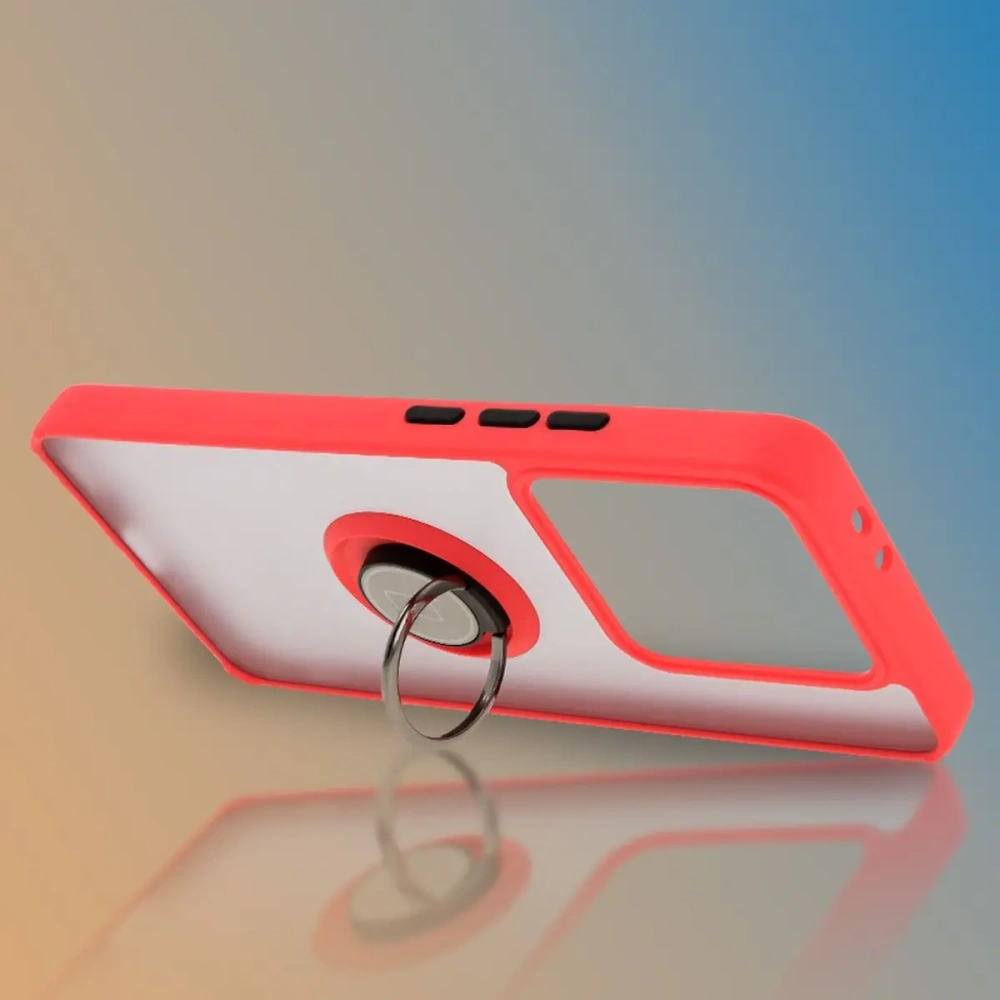 Etui z uchwytem na palec Bizon Case Hybrid Ring do Xiaomi 14T Pro przydymione z czerwoną ramką