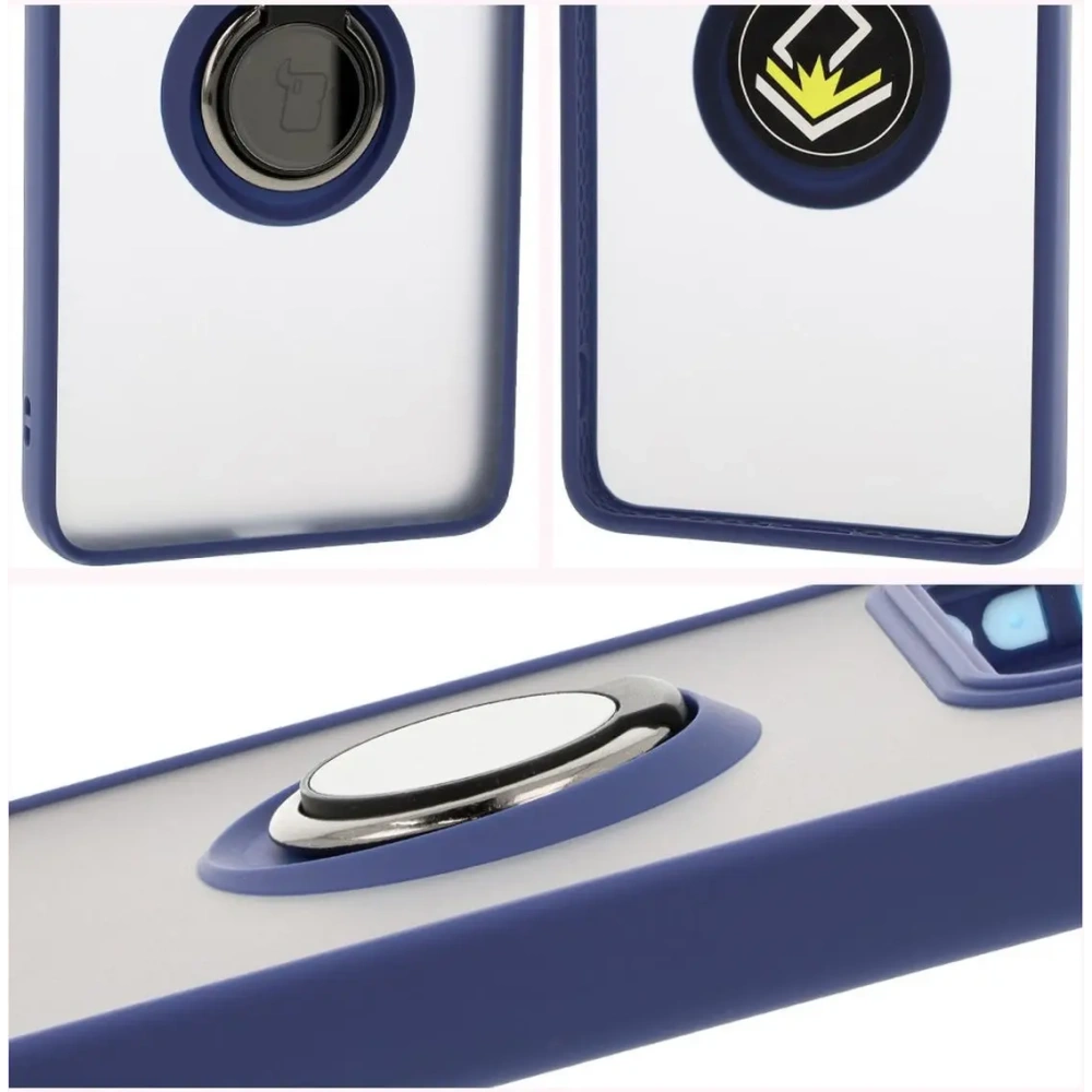 Etui z uchwytem na palec Bizon Case Hybrid Ring do Xiaomi 14T Pro przydymione z granatową ramką