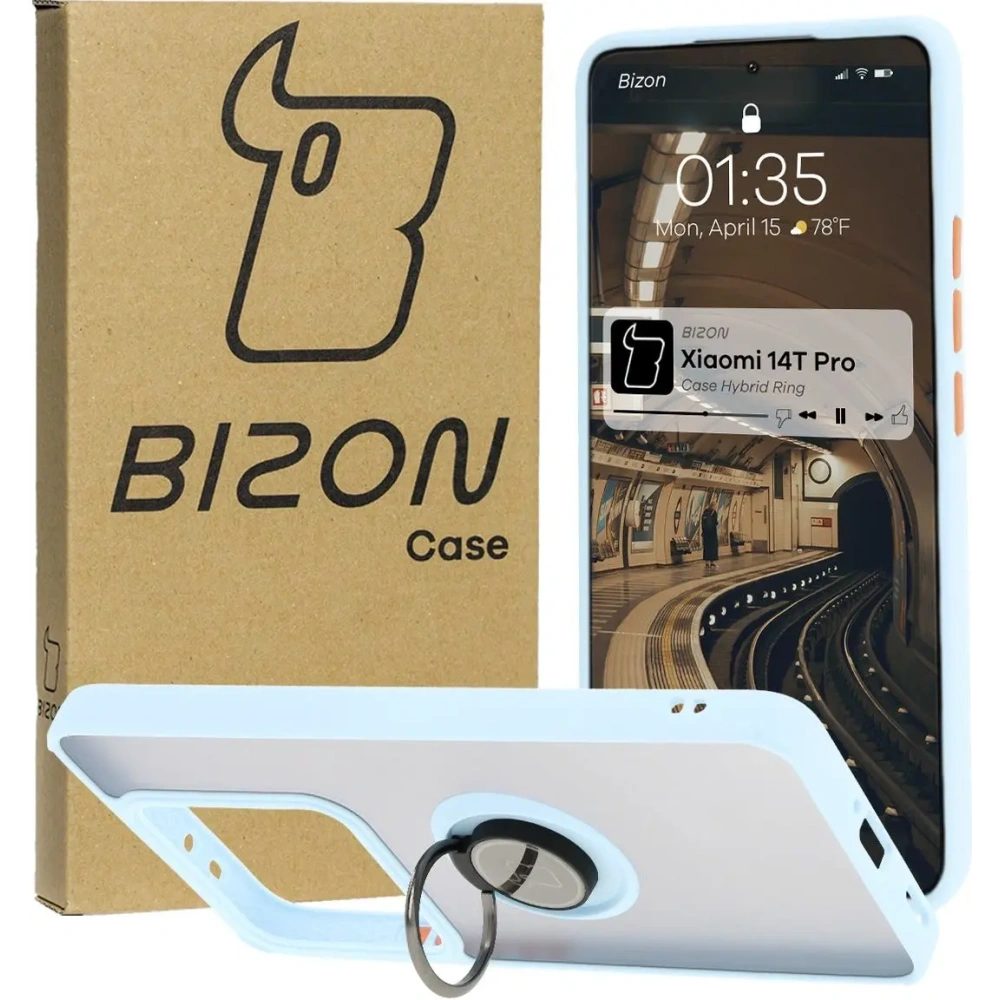 Etui z uchwytem na palec Bizon Case Hybrid Ring do Xiaomi 14T Pro przydymione z jasnoniebieską ramką