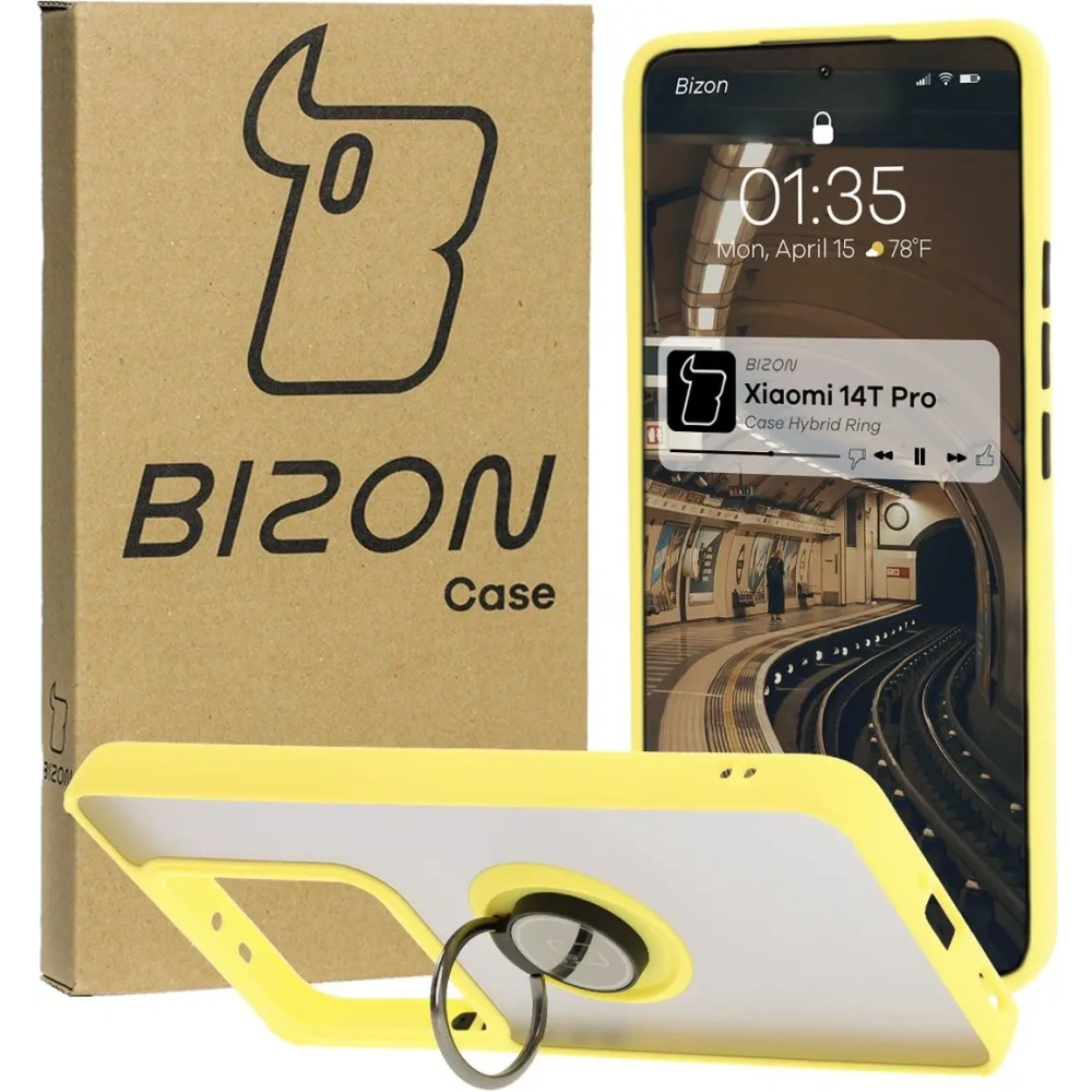 Etui z uchwytem na palec Bizon Case Hybrid Ring do Xiaomi 14T Pro przydymione z żółtą ramką