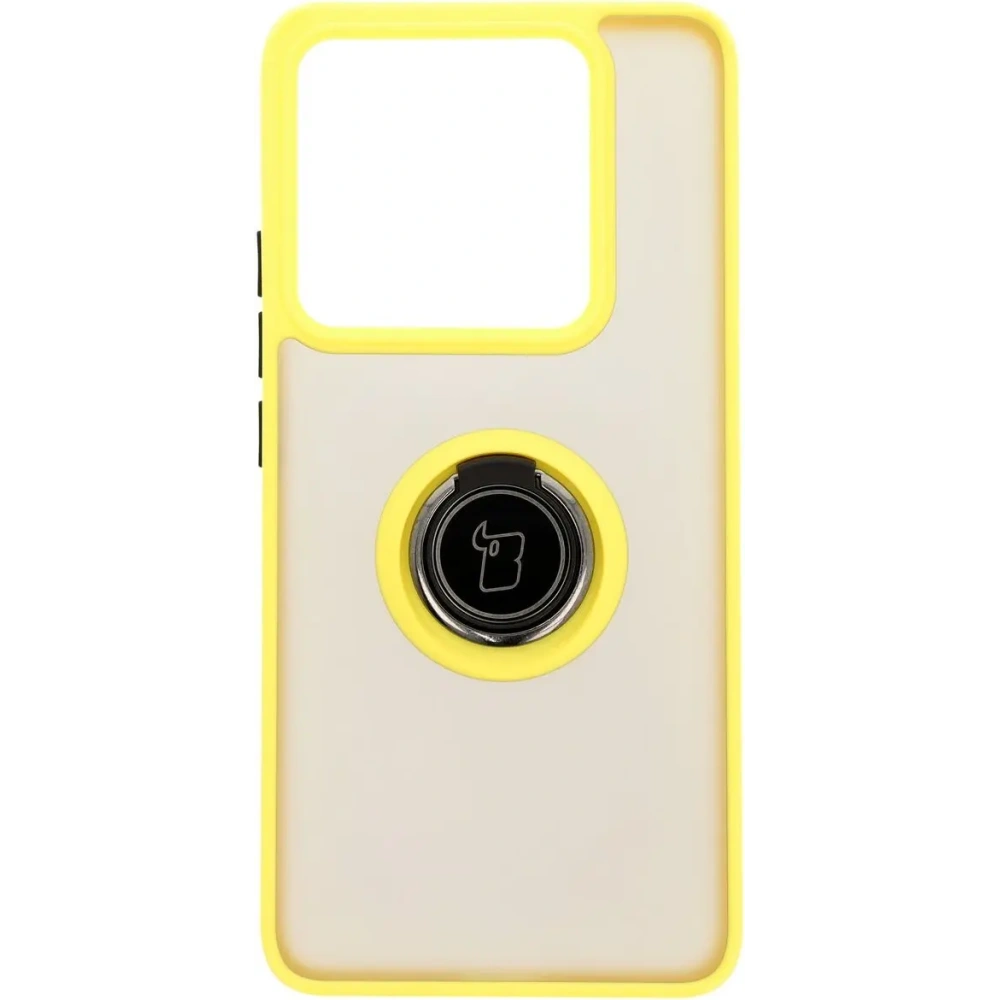 Etui z uchwytem na palec Bizon Case Hybrid Ring do Xiaomi 14T Pro przydymione z żółtą ramką