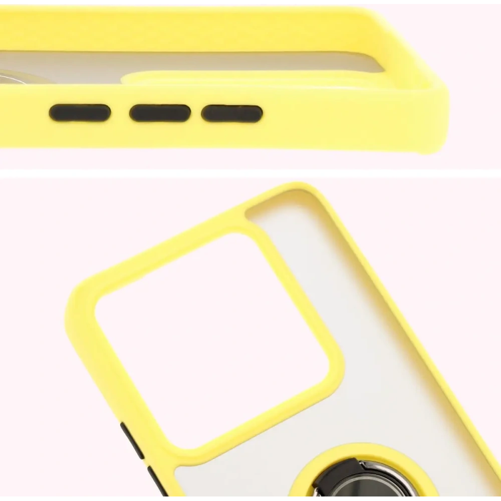 Etui z uchwytem na palec Bizon Case Hybrid Ring do Xiaomi 14T Pro przydymione z żółtą ramką