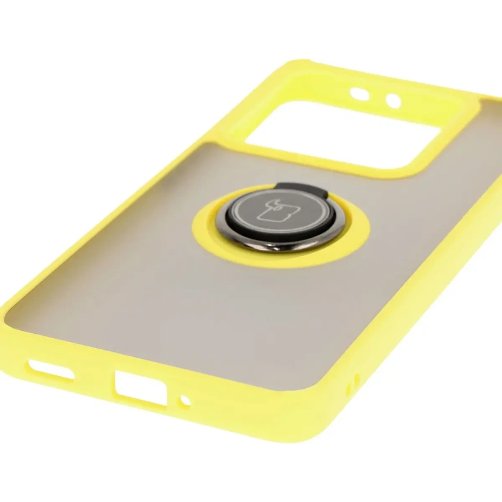 Etui z uchwytem na palec Bizon Case Hybrid Ring do Xiaomi 14T Pro przydymione z żółtą ramką