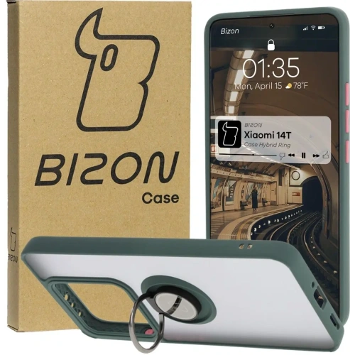 Kup Etui s úchopem na prst Bizon Case Hybrid Ring pro Xiaomi 14T kouřové s tmavě zeleným rámem - BIZ6926 - {ean13} - Sklep Home Screen