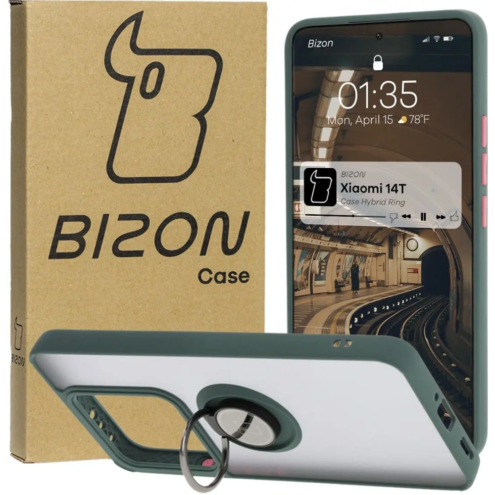 Etui z uchwytem na palec Bizon Case Hybrid Ring do Xiaomi 14T przydymione z ciemnozieloną ramką