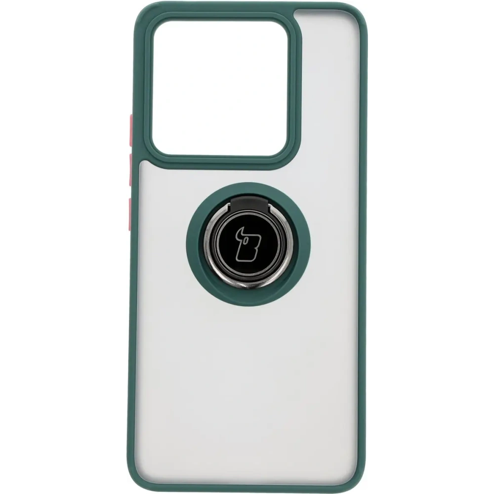 Etui z uchwytem na palec Bizon Case Hybrid Ring do Xiaomi 14T przydymione z ciemnozieloną ramką