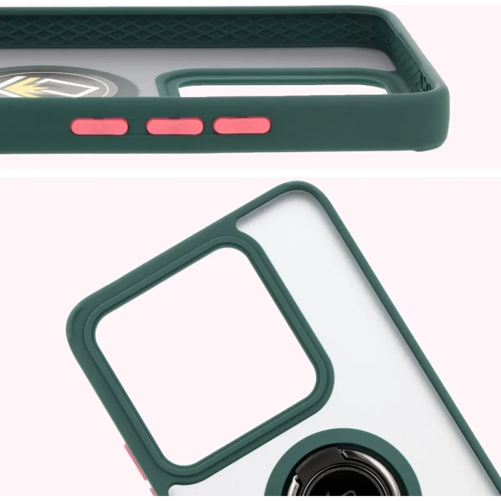 Etui z uchwytem na palec Bizon Case Hybrid Ring do Xiaomi 14T przydymione z ciemnozieloną ramką