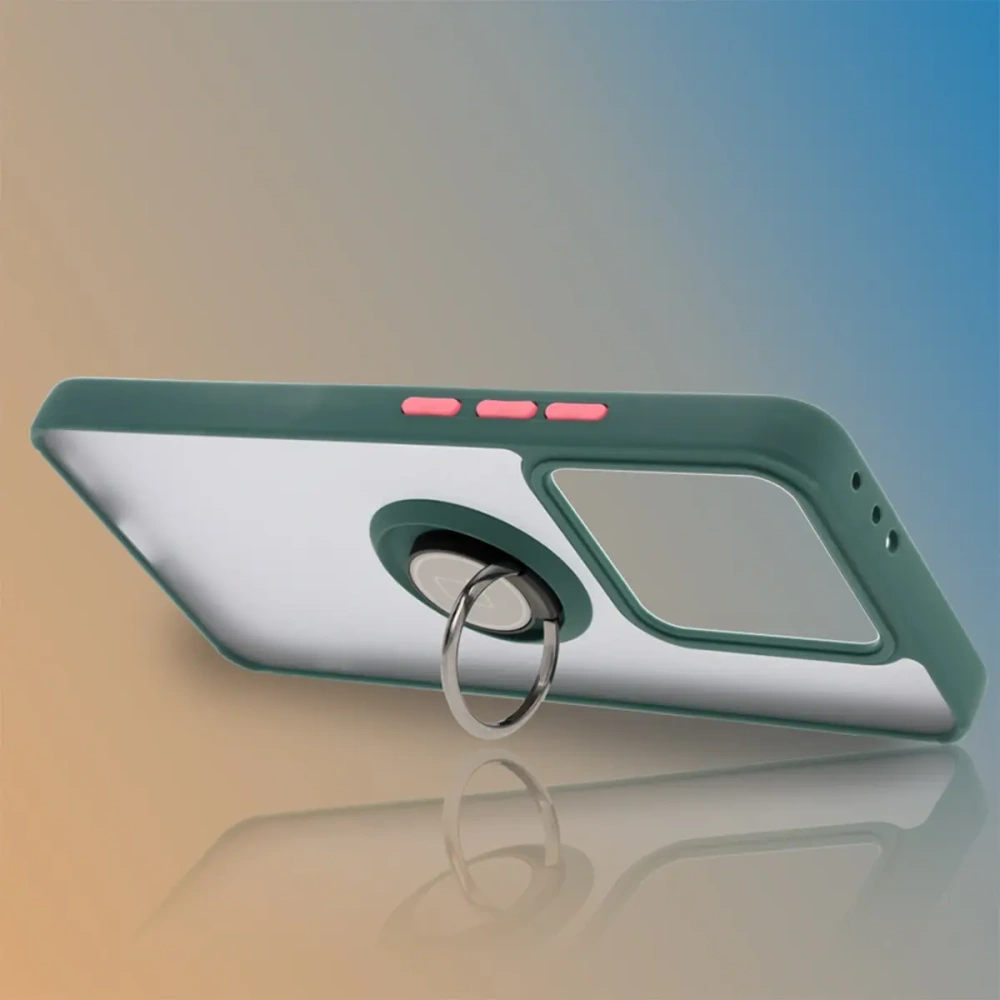 Etui z uchwytem na palec Bizon Case Hybrid Ring do Xiaomi 14T przydymione z ciemnozieloną ramką