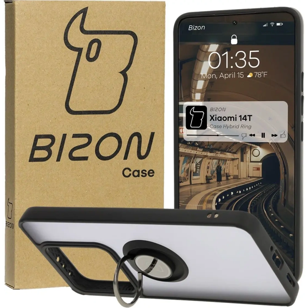 Etui z uchwytem na palec Bizon Case Hybrid Ring do Xiaomi 14T przydymione z czarną ramką