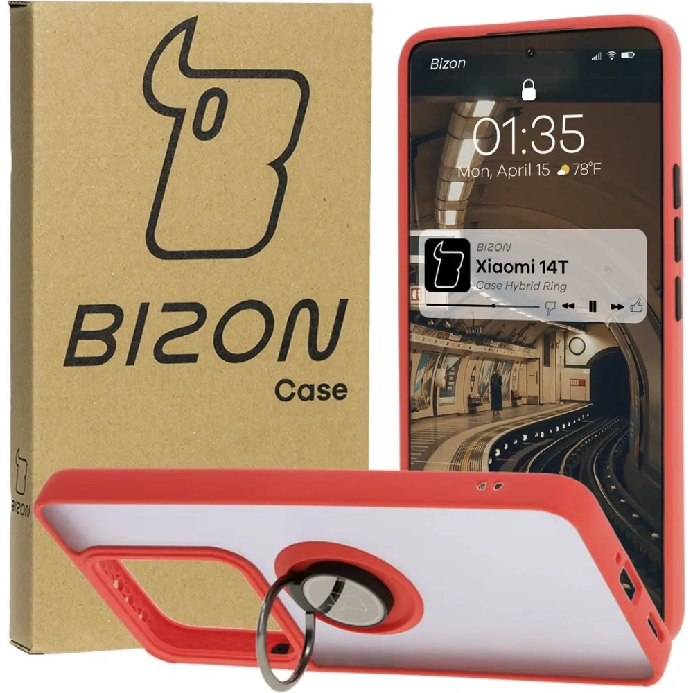 Etui z uchwytem na palec Bizon Case Hybrid Ring do Xiaomi 14T przydymione z czerwoną ramką