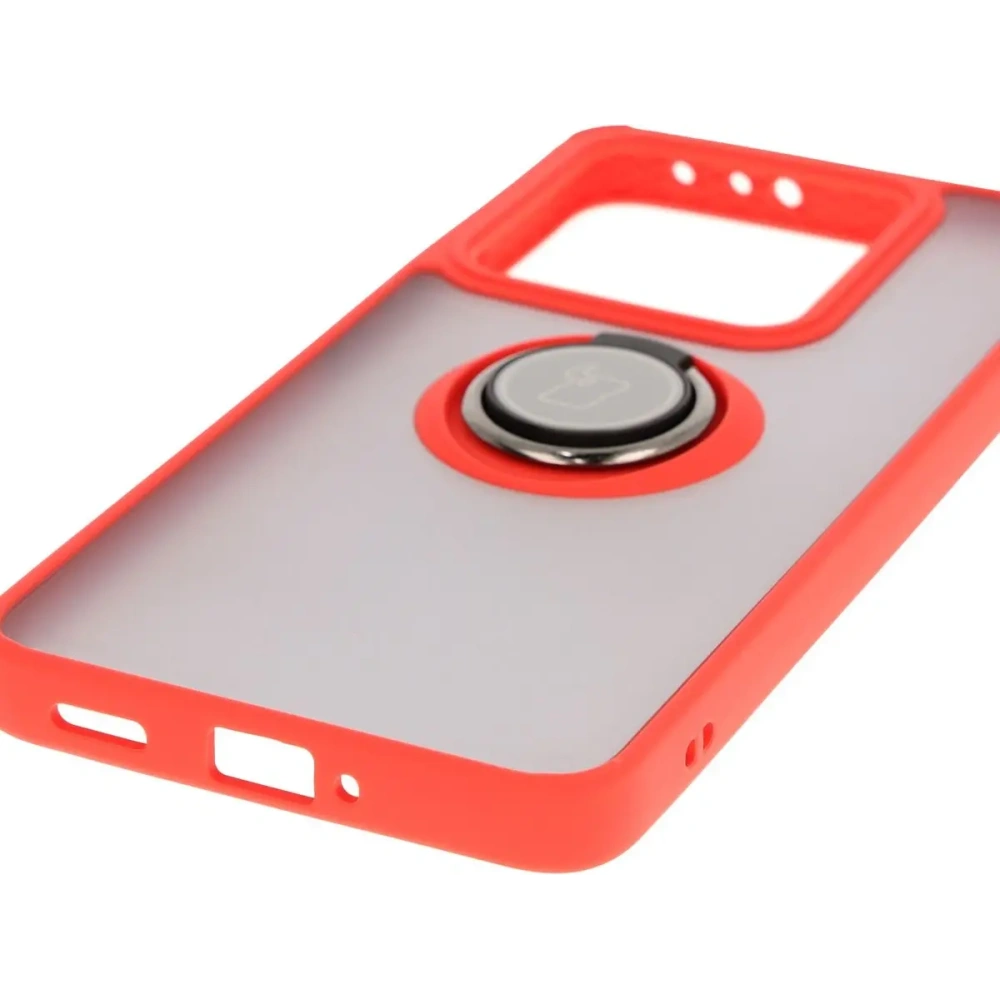 Etui z uchwytem na palec Bizon Case Hybrid Ring do Xiaomi 14T przydymione z czerwoną ramką