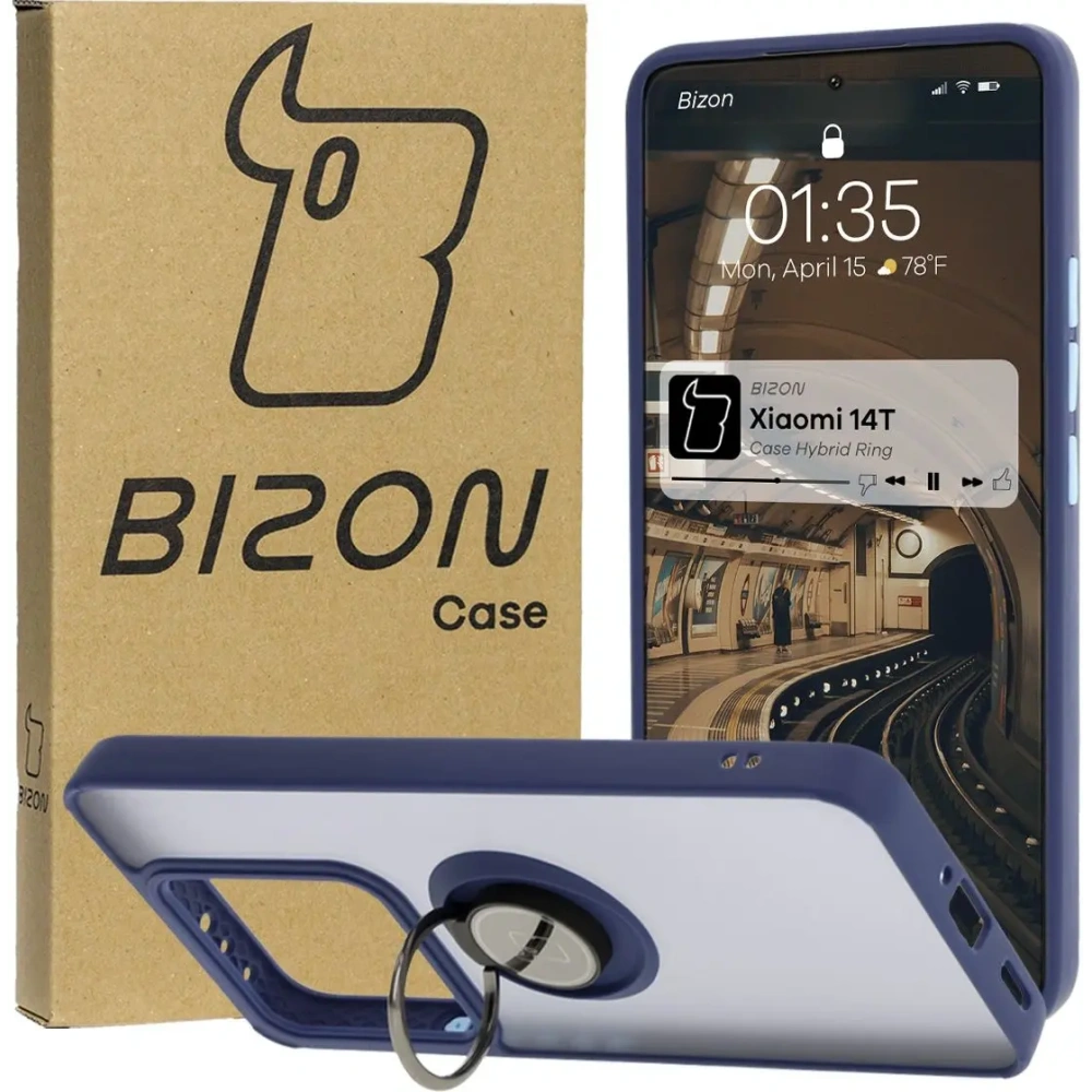 Etui z uchwytem na palec Bizon Case Hybrid Ring do Xiaomi 14T przydymione z granatową ramką