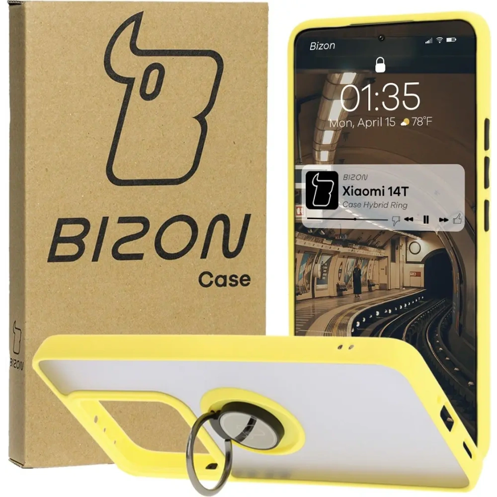 Etui z uchwytem na palec Bizon Case Hybrid Ring do Xiaomi 14T przydymione z żółtą ramką