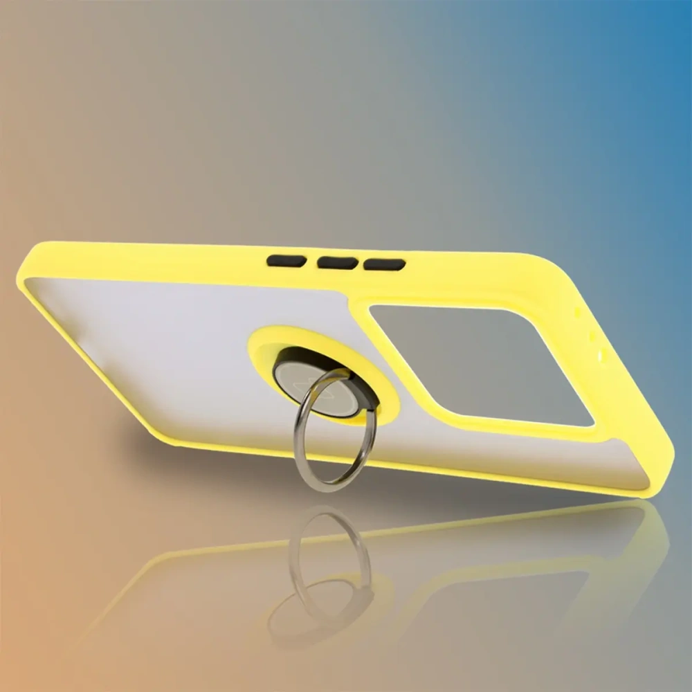 Etui z uchwytem na palec Bizon Case Hybrid Ring do Xiaomi 14T przydymione z żółtą ramką