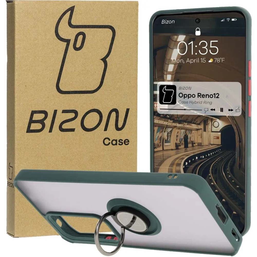 Etui z uchwytem na palec Bizon Case Hybrid Ring do Oppo Reno 12 przydymione z ciemnozieloną ramką