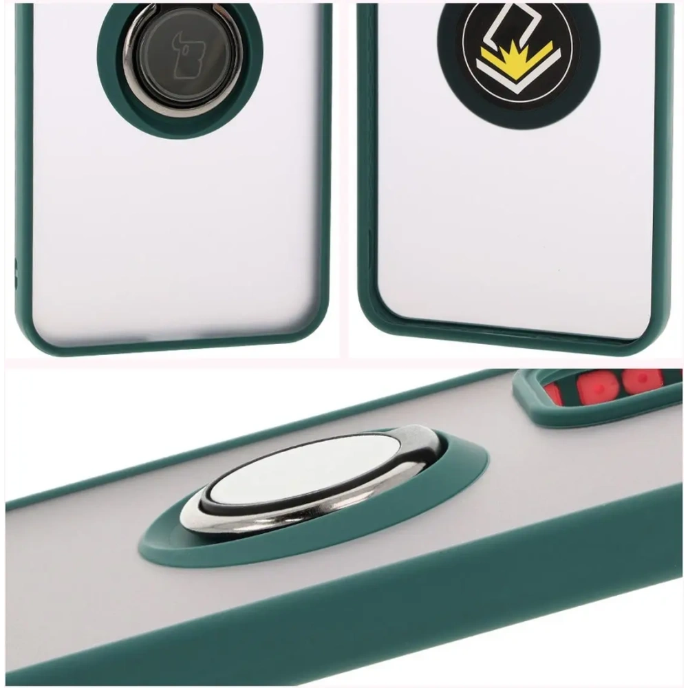 Etui z uchwytem na palec Bizon Case Hybrid Ring do Oppo Reno 12 przydymione z ciemnozieloną ramką