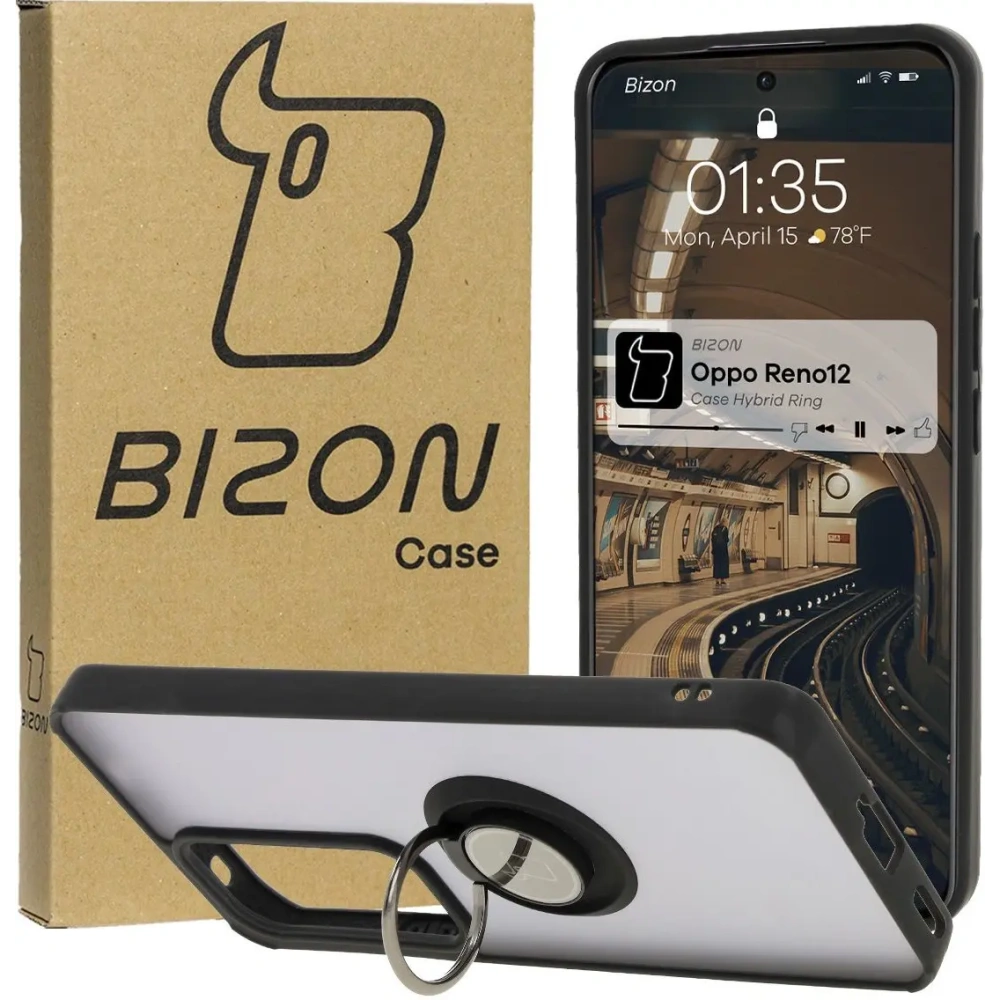 Etui z uchwytem na palec Bizon Case Hybrid Ring do Oppo Reno 12 przydymione z czarną ramką