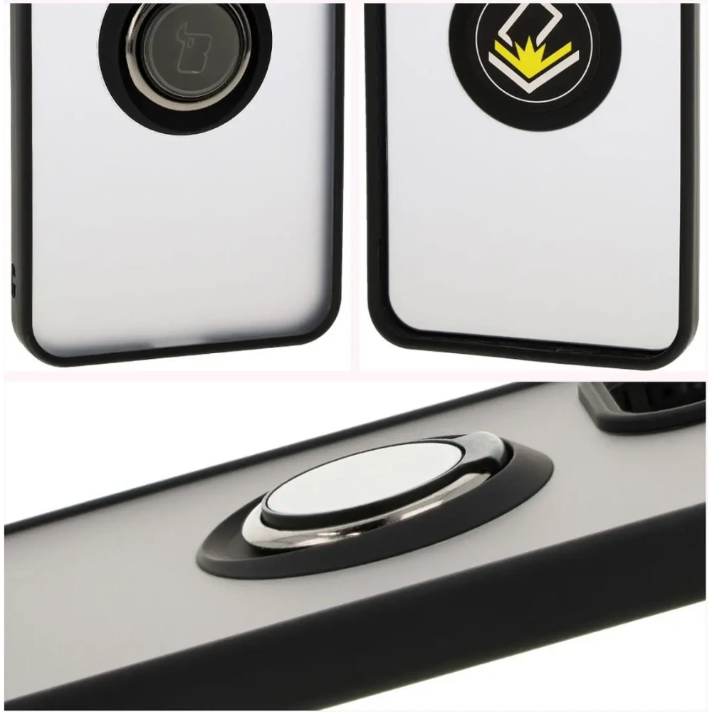 Etui z uchwytem na palec Bizon Case Hybrid Ring do Oppo Reno 12 przydymione z czarną ramką