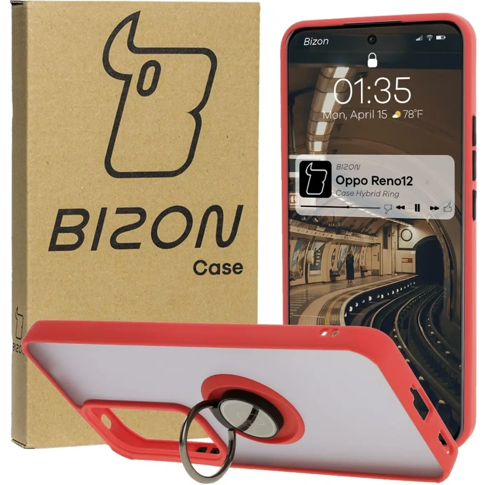 Etui z uchwytem na palec Bizon Case Hybrid Ring do Oppo Reno 12 przydymione z czerwoną ramką