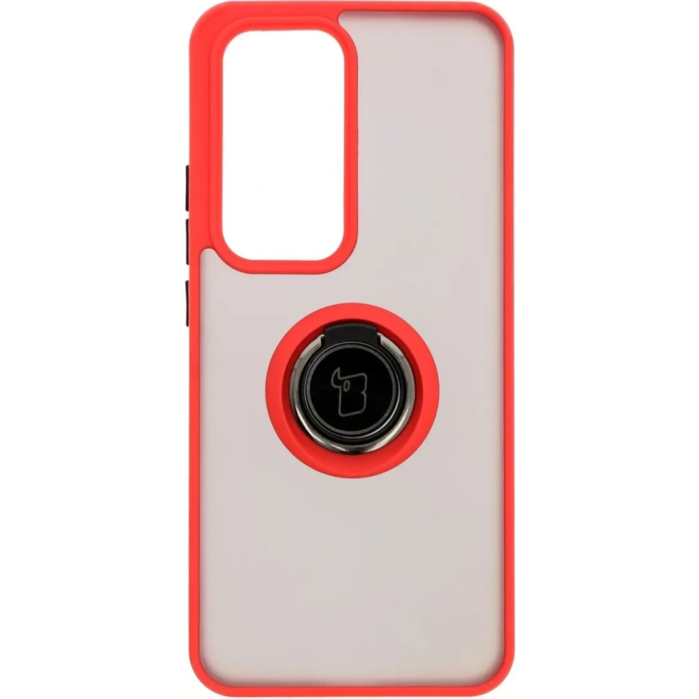 Etui z uchwytem na palec Bizon Case Hybrid Ring do Oppo Reno 12 przydymione z czerwoną ramką