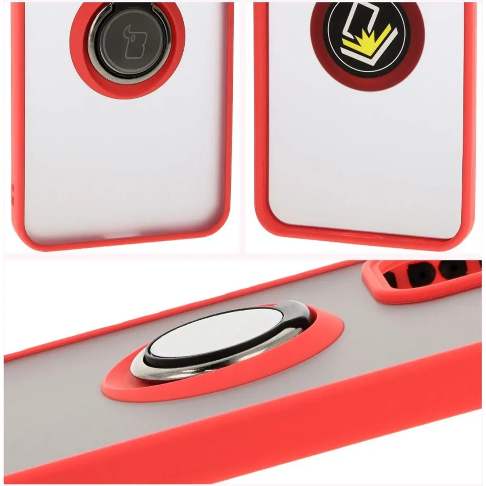 Etui z uchwytem na palec Bizon Case Hybrid Ring do Oppo Reno 12 przydymione z czerwoną ramką